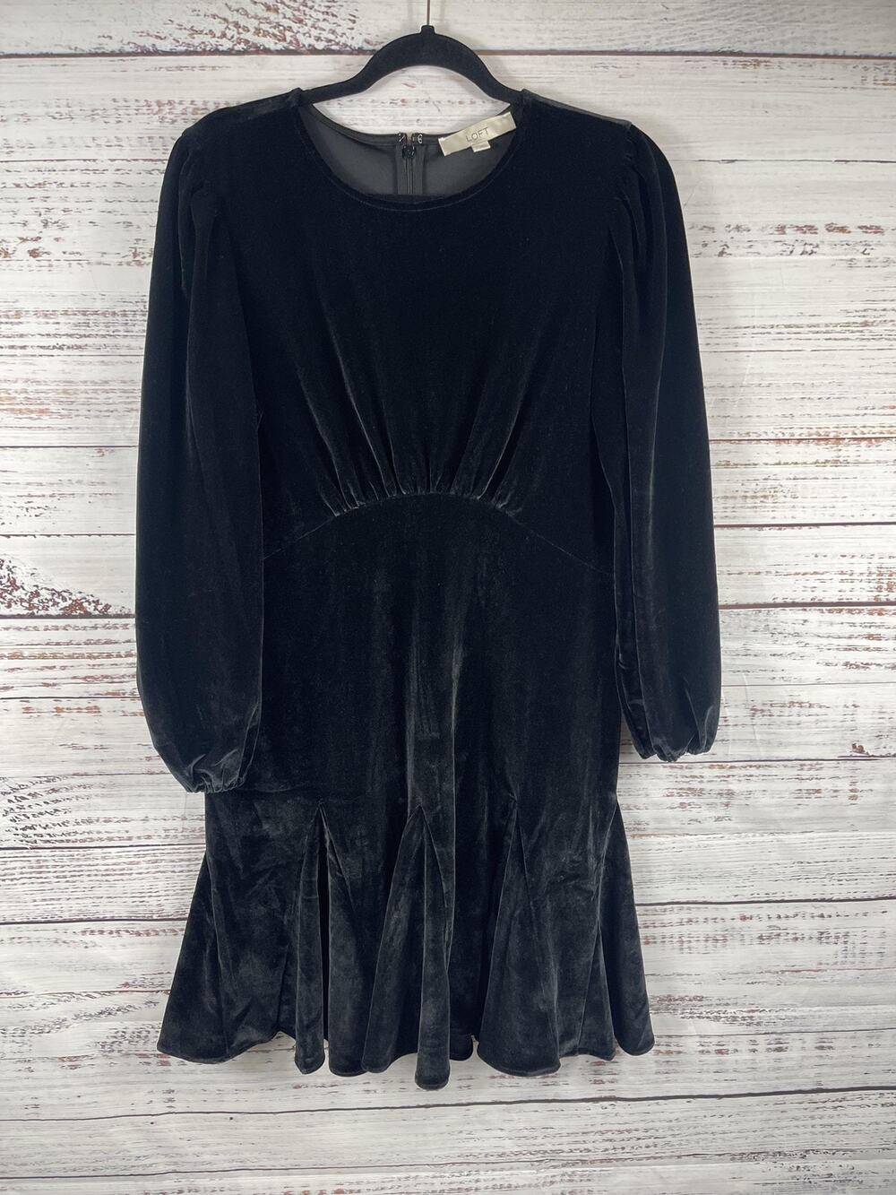 LOFT Dress Women's 12 Black Velvet Long Sleeve Fit Flare Drop Waist Knee Length